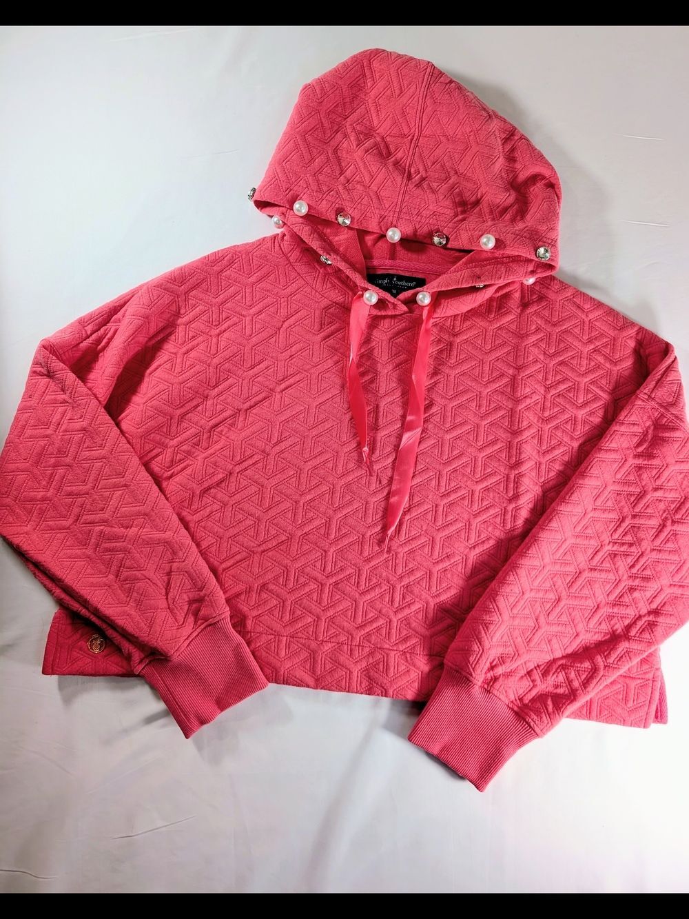 Simply Southern Coral Pink Quilted Cropped Hooded Sweatshirt with Pearl Trim